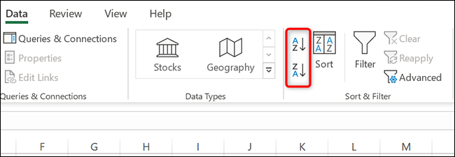 Haga clic en la opción de clasificación "AZ" o "ZA" en Excel.