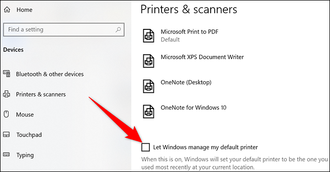 Desactive "Permitir que Windows administre mi impresora predeterminada" en la página "Impresoras y escáneres".