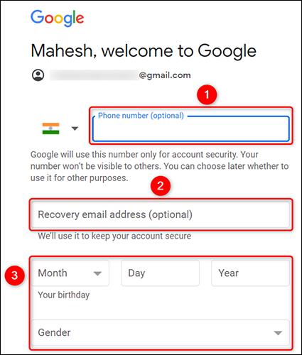 Ingrese información personal para la nueva cuenta de Gmail.