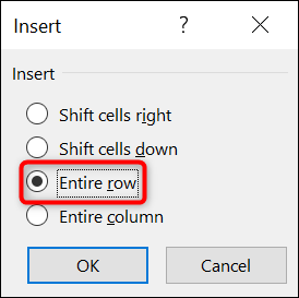 Habilite "Fila completa" y haga clic en "Aceptar" en el cuadro "Insertar" en Excel.
