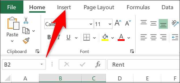 Haga clic en la pestaña "Insertar" en Excel.