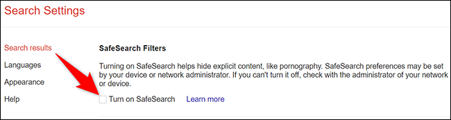 Desactive la opción "Activar SafeSearch" en la página "Configuración de búsqueda".