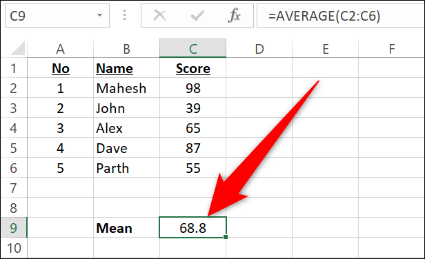 La media resultante en la celda C9 en Excel.