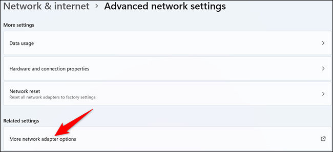Seleccione "Más opciones de adaptador de red" en la página "Configuración de red avanzada".
