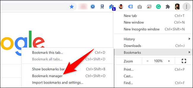 Haga clic en los tres puntos en la esquina superior derecha y seleccione Marcadores> Administrador de marcadores en Chrome.