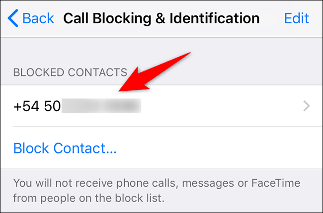Números bloqueados en la configuración de "Teléfono".