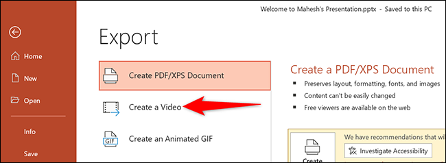 Haga clic en "Crear un video" en la página "Exportar" en PowerPoint.