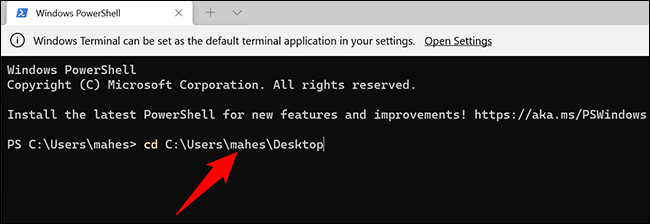 Cambie el directorio de trabajo actual al escritorio en Windows Terminal.