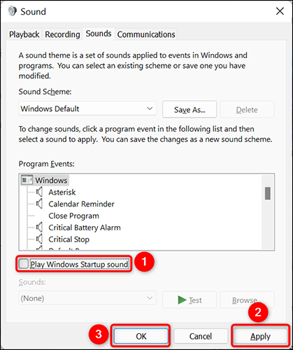 Desactive la opción "Reproducir sonido de inicio de Windows" en la ventana "Sonido".