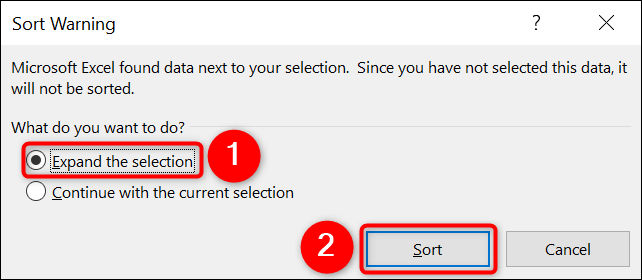 Habilite "Expandir la selección" y haga clic en "Ordenar" en la ventana "Advertencia de orden" en Excel.