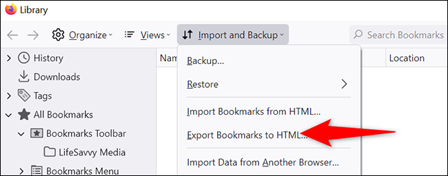 Seleccione Importar y hacer copia de seguridad> Exportar marcadores a HTML en la ventana "Biblioteca".