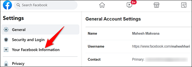 Haz clic en "Tu información de Facebook" en la página "Configuración".