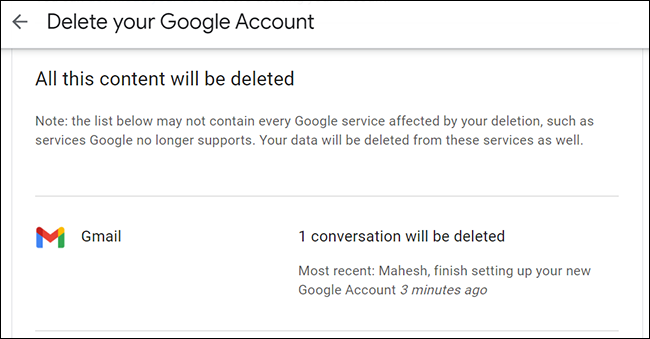 Revise el contenido que se eliminará en la página "Eliminar su cuenta de Google".