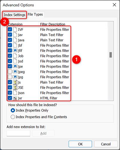 Anule la selección de los formatos de archivo en la pestaña "Tipos de archivo".