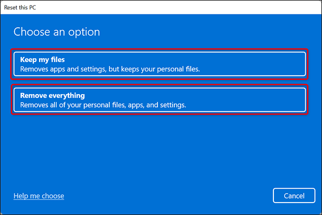 Seleccione una opción en la ventana "Restablecer esta PC" en Windows 11.