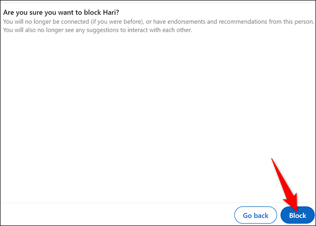 Haga clic en "Bloquear" para bloquear a un usuario de LinkedIn.