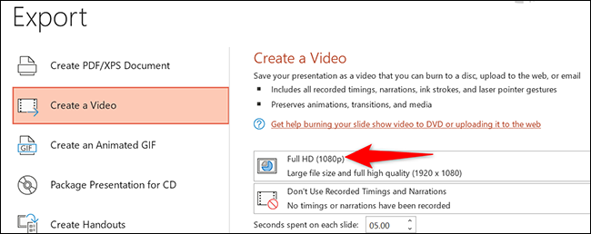 Haga clic en "Full HD" en la página "Crear un video" en PowerPoint.