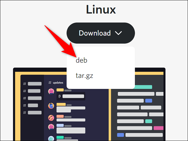 Seleccione Linux> Descargar> DEB en el sitio de descargas de Discord.