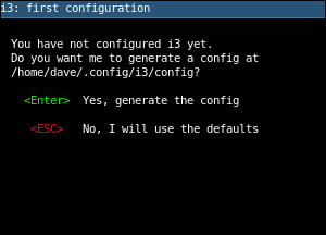 El cuadro de diálogo de primer arranque de i3 preguntando si se debe crear un archivo de configuración