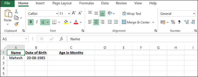 Una hoja de cálculo de muestra para encontrar la edad en meses en Excel.