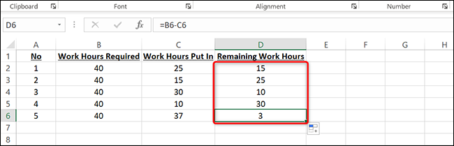 Respuesta de resta para todos los valores en Excel.