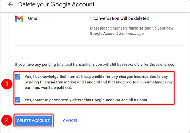 Haga clic en "Eliminar cuenta" en la página "Eliminar su cuenta de Google".