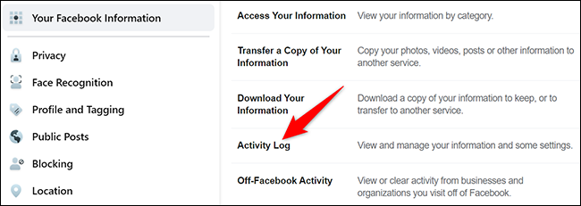 Selecciona "Registro de actividad" en la sección "Tu información de Facebook".