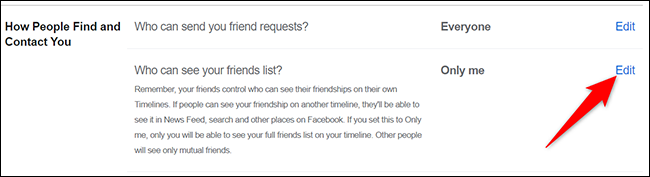 Haz clic en "Editar" junto a "Quién puede ver tu lista de amigos".