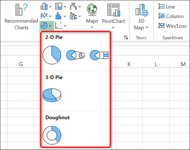Opciones de gráfico circular en Excel.