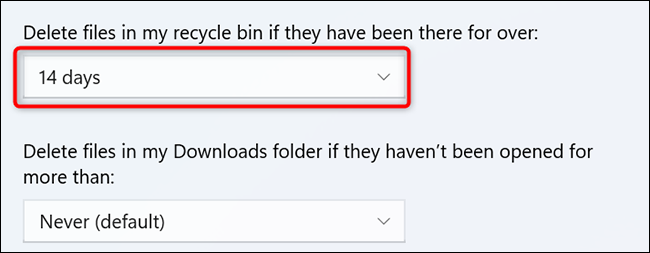 Seleccione una opción del menú desplegable "Eliminar archivos en mi papelera de reciclaje si han estado allí durante más de" en Configuración.