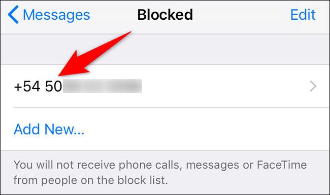 Números bloqueados en "Mensajes".