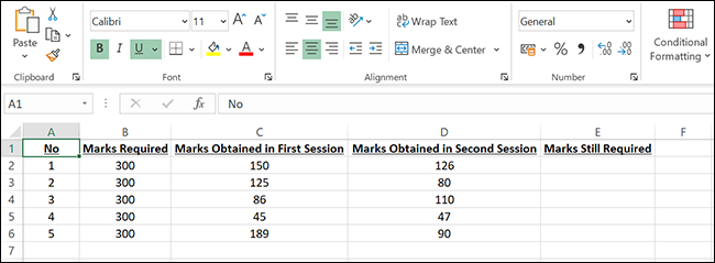 Una hoja de cálculo de marcas en Excel.