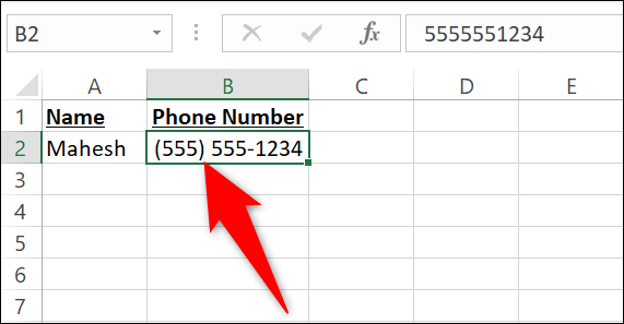 Celdas seleccionadas formateadas en formato de número de teléfono en Excel.