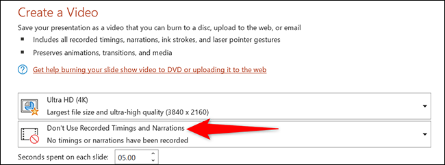 Haga clic en "No usar narraciones ni intervalos grabados" en la página "Crear un video" en PowerPoint.