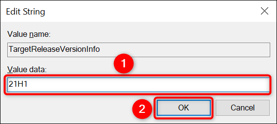 Edite el valor de la entrada "TargetReleaseVersionInfo".