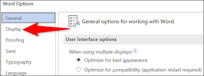 Haga clic en "Mostrar" en la ventana "Opciones de Word".