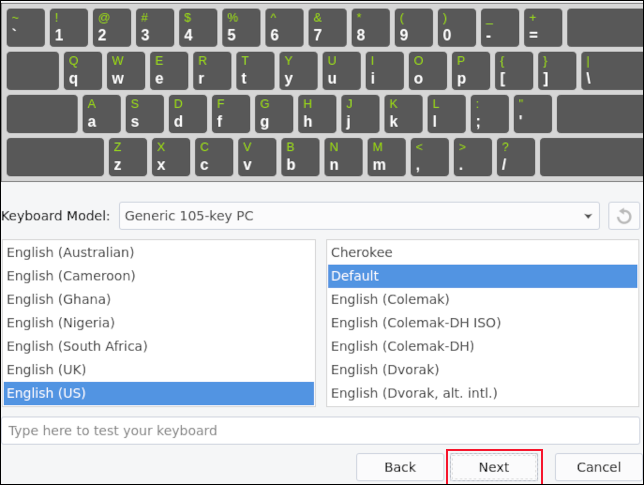 Seleccionar su teclado en el instalador de EndeavourOS
