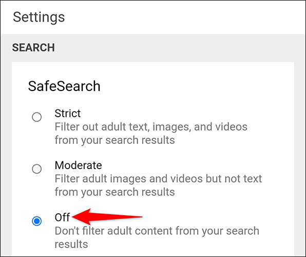 Seleccione "Desactivado" para "SafeSearch" en Bing.