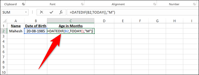 Ingrese = DATEDIF (B2, HOY (), "M") en la celda C2 en Excel.