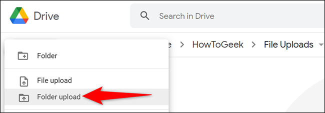 Seleccione Nuevo> Subir carpeta en la barra lateral izquierda de Google Drive.