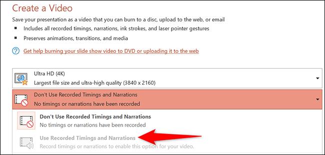 Seleccione "Usar narraciones y tiempos grabados" en la página "Crear un video" en PowerPoint.