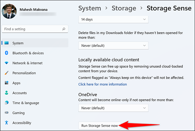 Haga clic en "Ejecutar Storage Sense Now" en la página "Storage Sense" en Configuración.