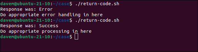 Ejecutando el script return-code.sh que muestra el manejo de diferentes códigos de salida