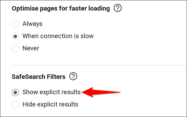 Habilite "Mostrar resultados explícitos" en la página "Configuración de búsqueda".