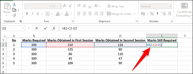 Ingrese la fórmula de resta múltiple en la celda E2 en Excel.