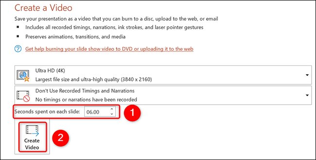 Especifique la duración de la diapositiva y haga clic en "Crear video" en la página "Crear un video" en PowerPoint.