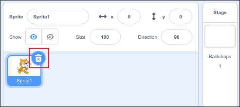 Haga clic en Eliminar en el objeto Scratch predeterminado