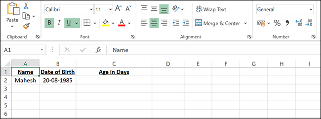 Una hoja de cálculo de muestra para encontrar la edad en días en Excel.