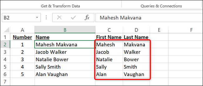 Nombres y apellidos separados en Excel.