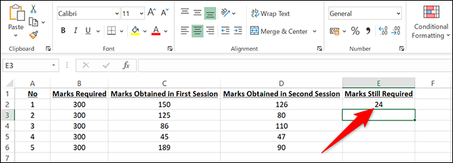 Respuesta de resta múltiple en la celda E2 en Excel.